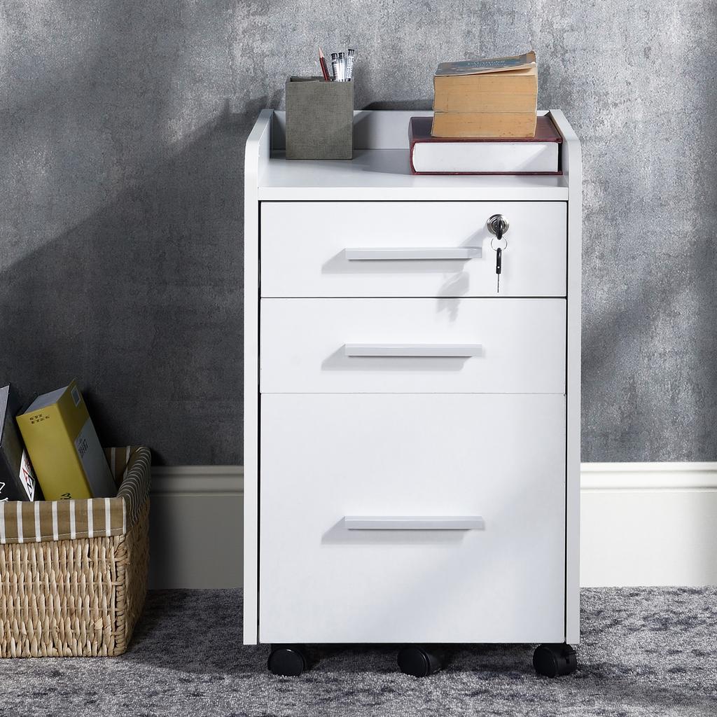 Office Storage Unit on Casters, 3 Drawers, 1 Lockable, 1 File Organizer, White Wood
