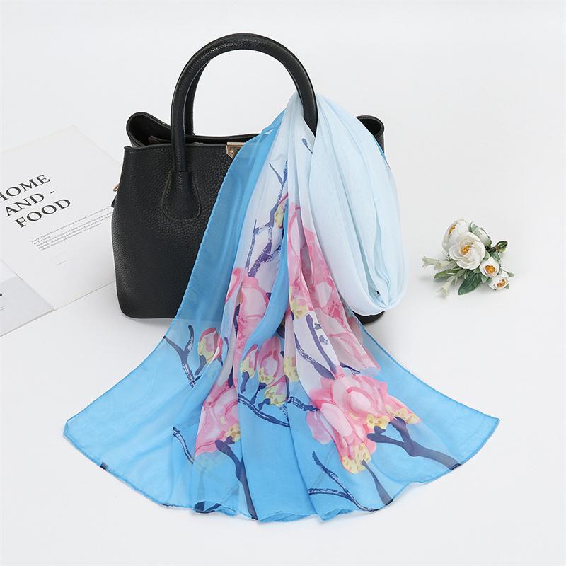 Scarves Natural Style Spring and Autumn Printed Flowers and Birds Rectangle Sun Protection Chiffon Scarf