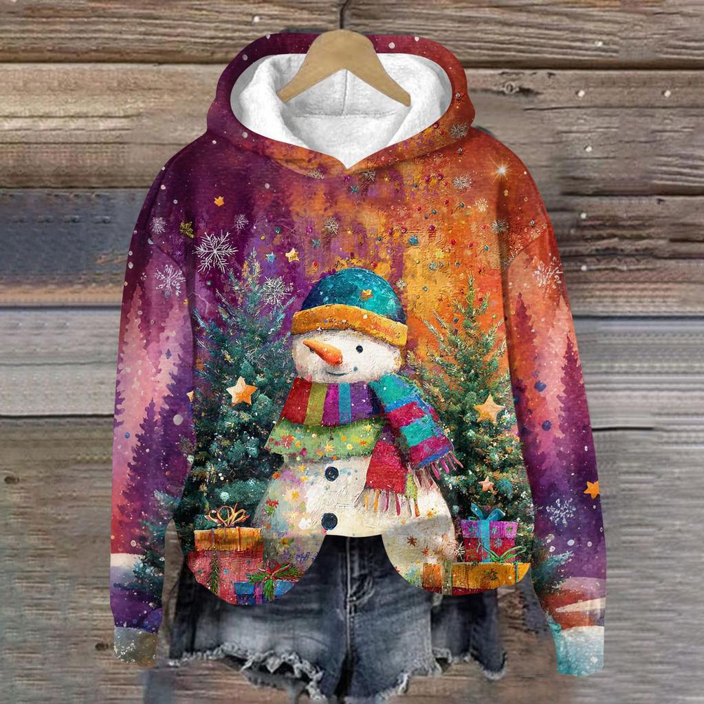 Women's Fashion Long Sleeve Christmas Print Loose Hooded Sweatshirt Top