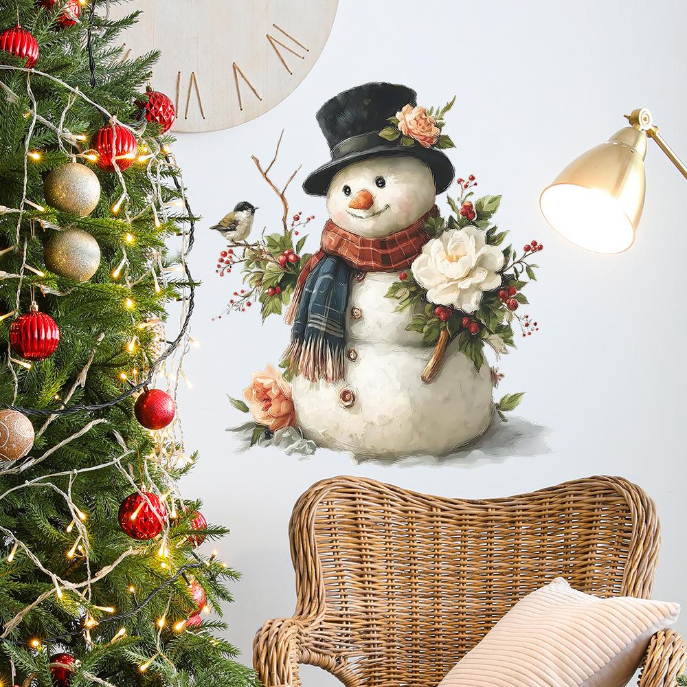 Раскрашенный Рождественский Снеговик Цветы Фрукты Птицы Праздничное Украшение Дома Наклейки на Стену