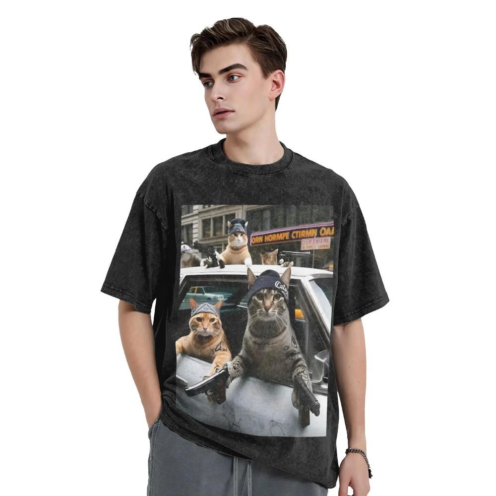 Мужские забавные футболки с графикой мема "Банда котов", топы, пляжные, винтажные, с короткими рукавами, футболка с круглым вырезом, популярный узор, футболка, дропшиппинг