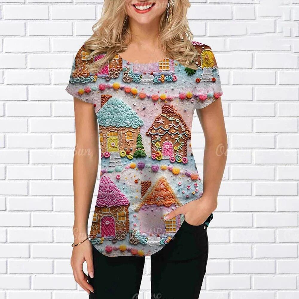 Летний топ с круглым вырезом и 3D-принтом на рождественскую тематику, модная повседневная женская футболка с коротким рукавом