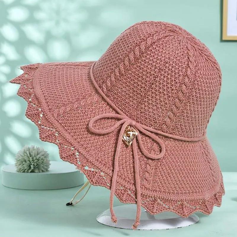 Collapsible Summer Hat for Women Beach Outdoor Straw Hat Large Brim Sunshade Bow Sun Hat