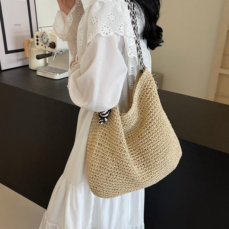 Big Capacity Straw Beach Bag Vintage Handmade Woven Shoulder Bag Raffia Rattan Handbag Bohemian Summer Vacation Crossbody Bags