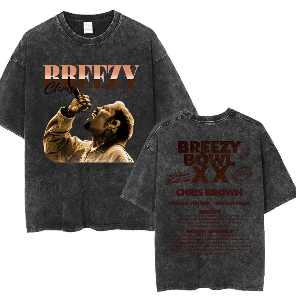Chris Brown Breezy Bowl XX Concert Tour Washed T Shirts Vintage Hip Hop Gothic T Shirt Mens Oversized Cotton Tshirt Streetwear
