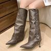 Pointed Toe Women High Boots Leather Designer High Heels Shoes Knee High Motorcycle Boots 2025 Trend Winter Goth Botas De Mujer