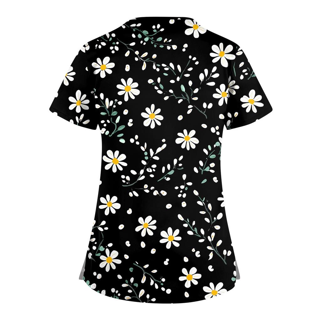 Women's Short Sleeve Stagger V Neck Print Pocket Dry-nurse Top