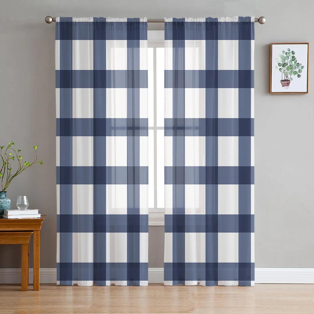 Black Grey Plaid Tulle Curtains For Living Room Bedroom Modern Chiffon Sheer Kitchen Curtains