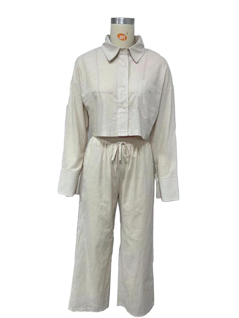 Комплект рубашки с длинным рукавом и брюк на кулиске однотонного цвета, европейский и американский стиль, 2025 год