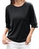 Sleeves That Hide Upper Thick Cut and Round Loose Short Long and To the Black L [Fiorior] [5/8 Arms] Women's T-shirt, 5/8 Sleeves, Sewn, Plain, Neck,