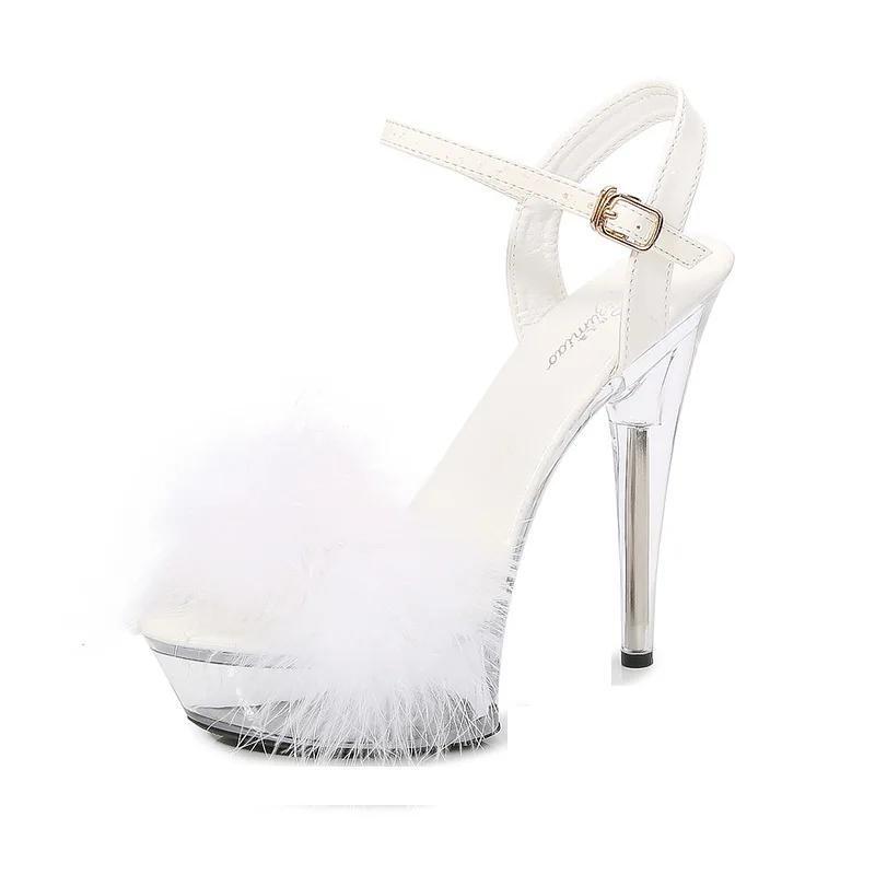 Мода 2025 Новые 6 цветов Перья Толстый высокий каблук Сандалии на платформе Женские 13см 14,5см Каблуки Обувь Женская Летняя Свадебные туфли-лодочки