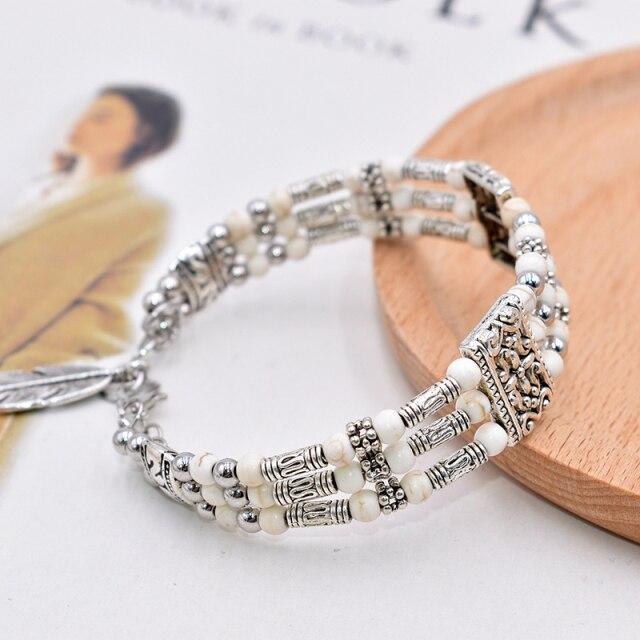 Bohemian Vintage Natural Stone Turquoises Feather Charm Bracelet For Women National Handmade Round Beads Carved Boho Bracelet