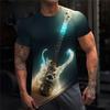 Round Neck 3D Skull Electric Guitar Graphic Printed Short Sleeved Men's T-shirts - Soft Medium Stretch Polyester Fabric Summer Relaxed Fit Clothing