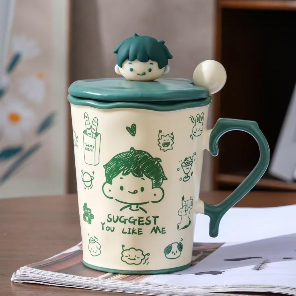 Креативная Персонализированная Пара с Крышкой и Ложкой Керамическая Чашка Высокого Внешнего Вида Большая Вместимость Кружка для Маленького Подарка для Девочек Чашка для Воды для Домашнего Использования