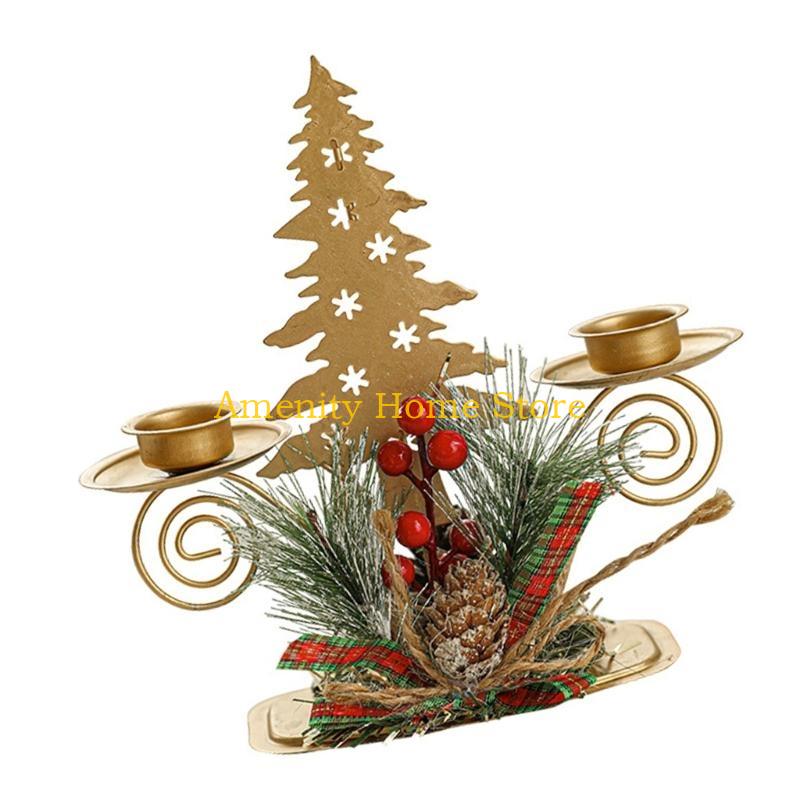F26C Gold Iron Double Candlestick Home Decors for Holiday Christmas Metal Candle Holders Stand with Pinecones and Berries