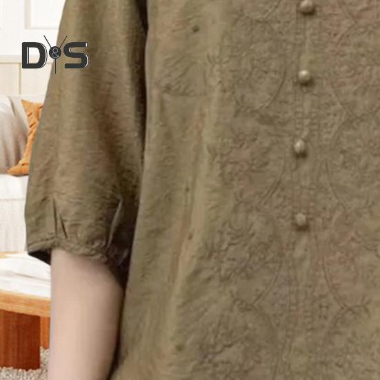 Women Shirt V-neck Half Sleeve Embroidery Floral Pattern Loose Fit Tops Solid Color Casual Blouse Daily Wear