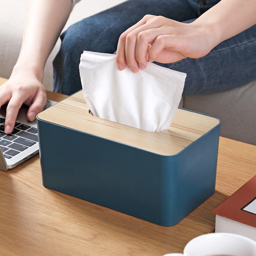 Desktop Tissue Box Rectangular Plastic Tissue Organizer Box Cover with Wooden Lid for Home Blue