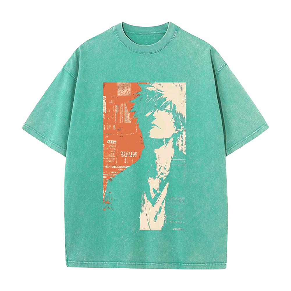 Ichigo Kurosaki BLEACH Anime Outfit Unisex Loose-Fit Short-Sleeve Washed Vintage Cotton T-Shirt