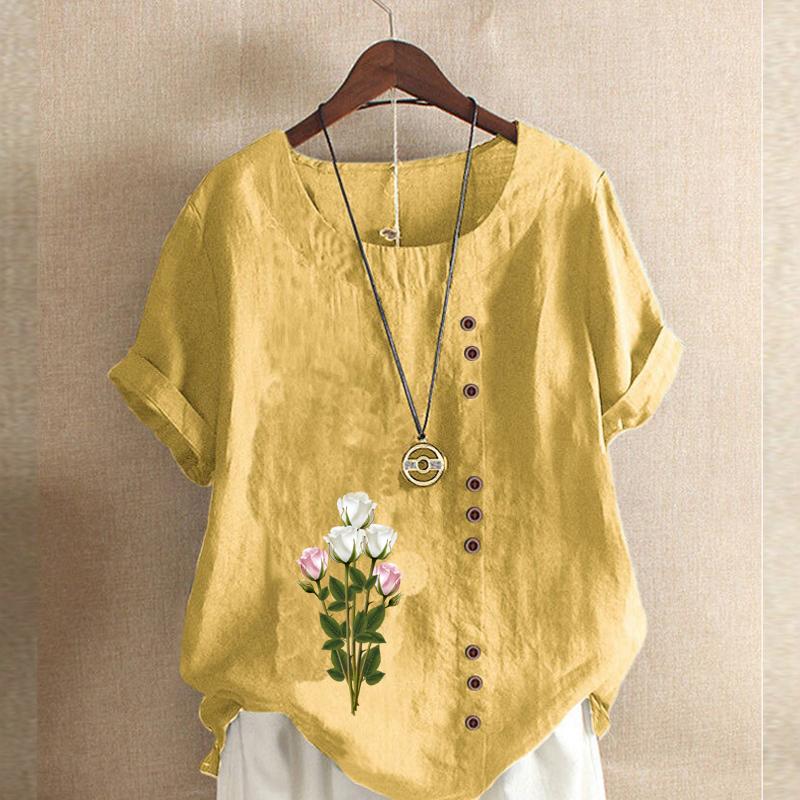 Women's Fashion Round Neck Short Sleeve T-shirt Casual Cotton Linen Graphic Shirt Leisure Loose Flowers Prined Summer Blouse Tops