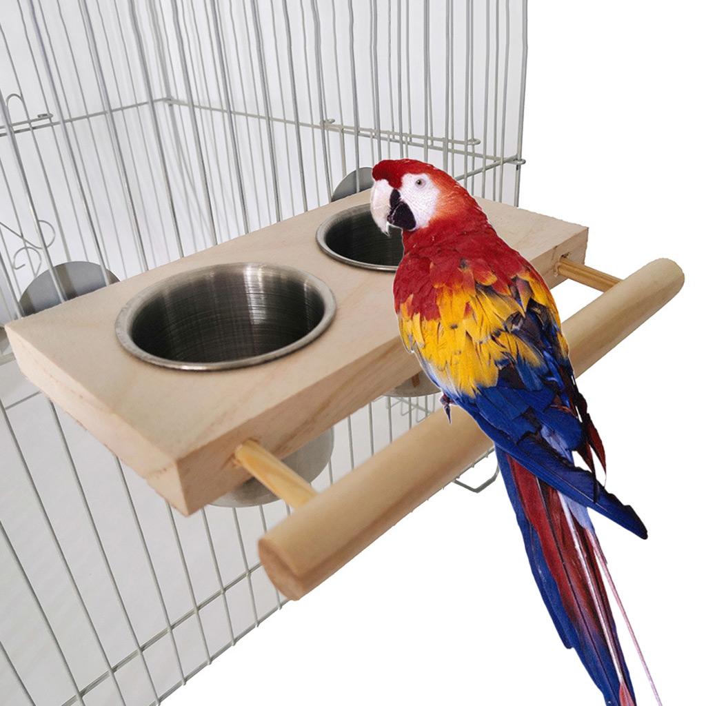 Bird Perch Feeder Wooden Stand Detachable Stainless Steel Feeding Cups Food Water Bowls for Macaws Lovebirds Cockatoos