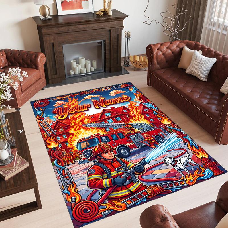 Fire Truck Theme Crystal Velvet Rug Personalized Custom Name Text Soft Floor Mat Home Decor