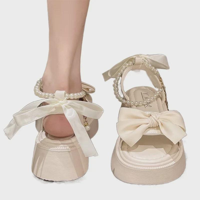 Women's 2024 Summer Fairy Style Platform Sandals with Bow, Thick Sole, Pearl Accent, and One-Strap Design