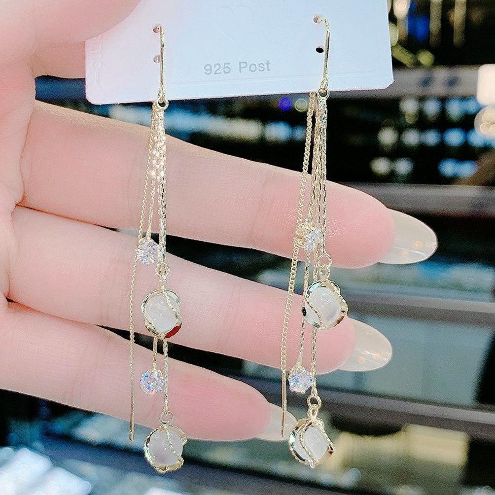 S911 silver needle tassel long anti-loss earphone opal temperament advanced sense versatile show round face thin earrings