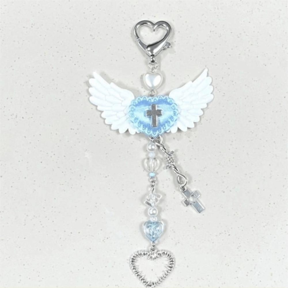 Beads Black Wing Cross Charms Mini Headset Creative Cellphone Decoration Bag Pendant Hanging Lanyard Keychain Gift For Girls