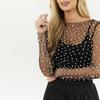 Spring and Summer Women's Bubble Beads See-through Mesh Long-sleeved Tops