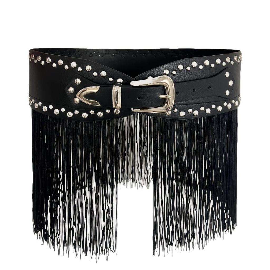 Vertical Tassel Riveted Belt and Wide Waist Seal Are Unique, Fashionable and Versatile, Featuring European and American Autumn and Winter Fashion