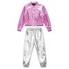 Kids Girls Metallic Long Sleeve Stand Collar Zipper Jacket with High Waist Pants for Sports Workout