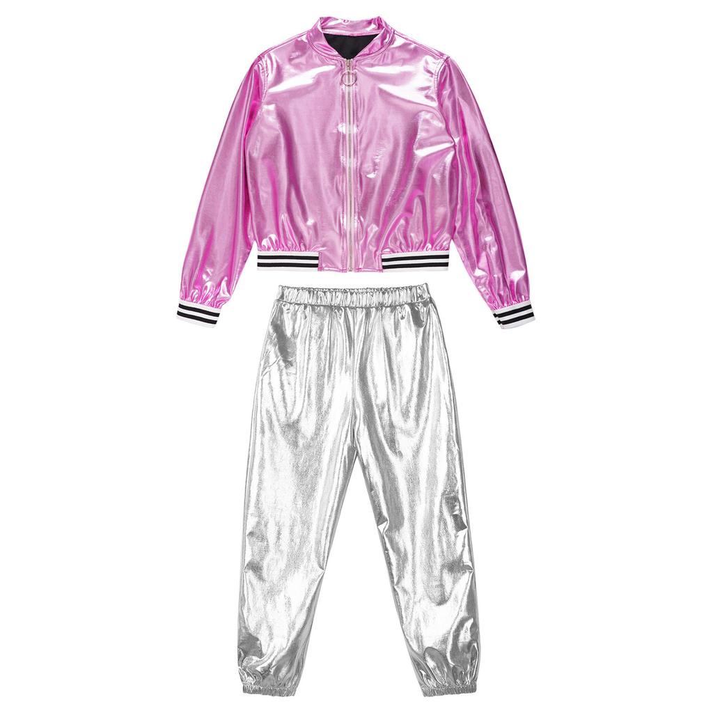 Kids Girls Metallic Long Sleeve Stand Collar Zipper Jacket with High Waist Pants for Sports Workout