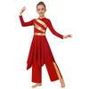Girls Liturgical Dance Costume: Long Sleeve Mock Neck Metallic Patchwork Dress with Asymmetrical Hem & Wide-Leg Pants
