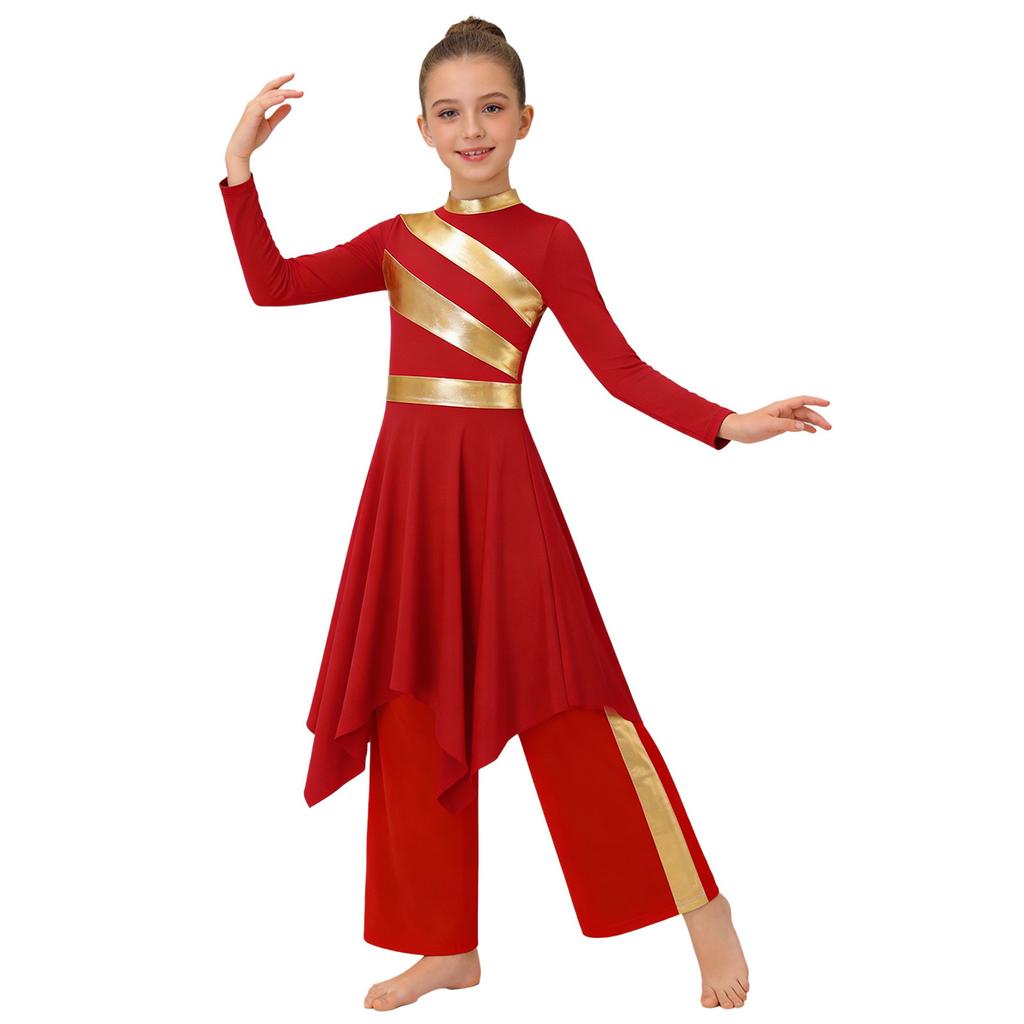 Girls Liturgical Dance Costume: Long Sleeve Mock Neck Metallic Patchwork Dress with Asymmetrical Hem & Wide-Leg Pants