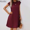 ZANZEA Женское летнее повседневное платье с круглым вырезом, коротким рукавом, свободного кроя, плиссированное