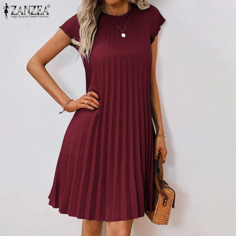 ZANZEA Женское летнее повседневное платье с круглым вырезом, коротким рукавом, свободного кроя, плиссированное