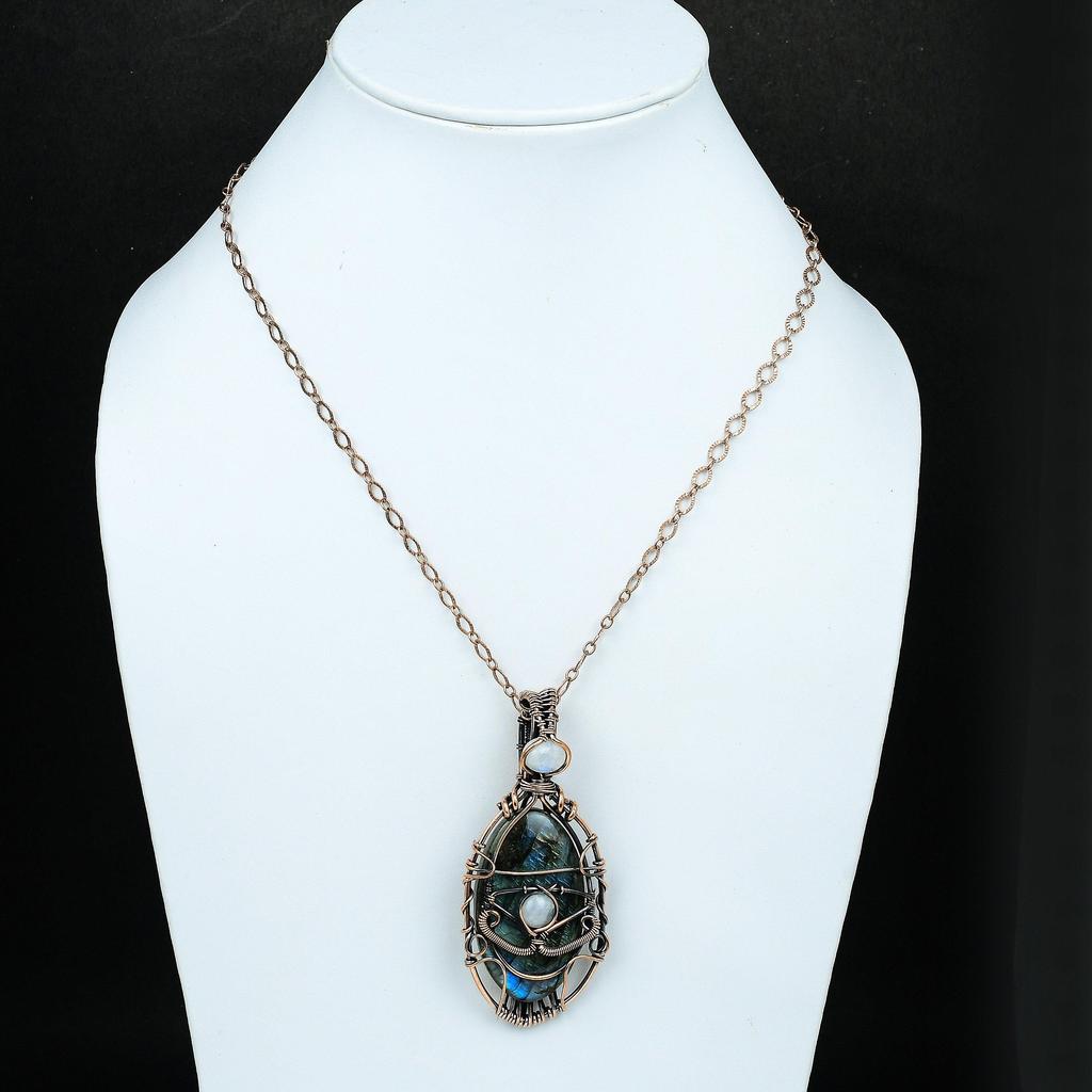 Подвеска из меди с лабрадоритом от сглаза, подвеска из медной проволоки, подвеска из драгоценного камня, дизайнерское ювелирное изделие из меди, подарок для нее, подвеска из лунного камня