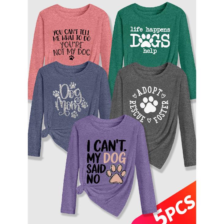 Lele Orientation Five-piece women's long-sleeve set Paw print canine-themed fun English phrases with a healing retro print Spring, Summer, Autumn