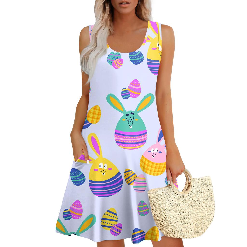 Womens Summer Dresses Easter Print  Loose U Neck Sleeveless Sundresses Dress With Pockets