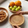 Handwoven Rattan Storage Tray with Wooden Handle Picnic Basket Bread Food Plate Snacks Fruit Cake Platter Dinner Serving Tray