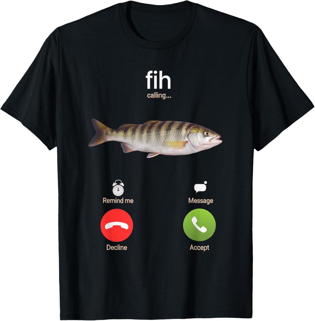 Белая черная футболка с коротким рукавом Смешной принт с рыбой, зовущей «fih calling...» Текст Повседневная футболка - Мужская летняя хлопковая футболка с принтом