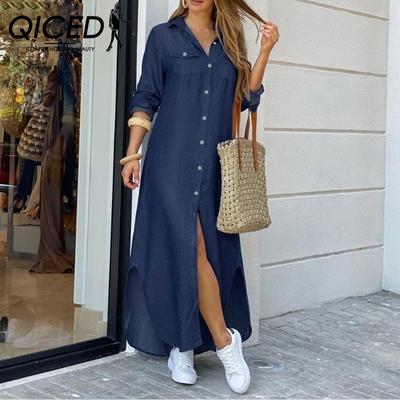 Весенне-осенняя модная сексуальная однобортная рубашка, длинная юбка, свободное платье с лацканами