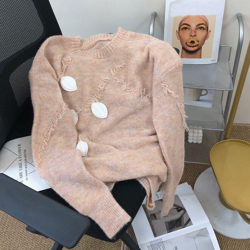 Маленький свежий пуловер с круглым вырезом, свитер для женщин, свободный свитер, осень/зима 2023, японский вязаный пуловер средней длины, женский