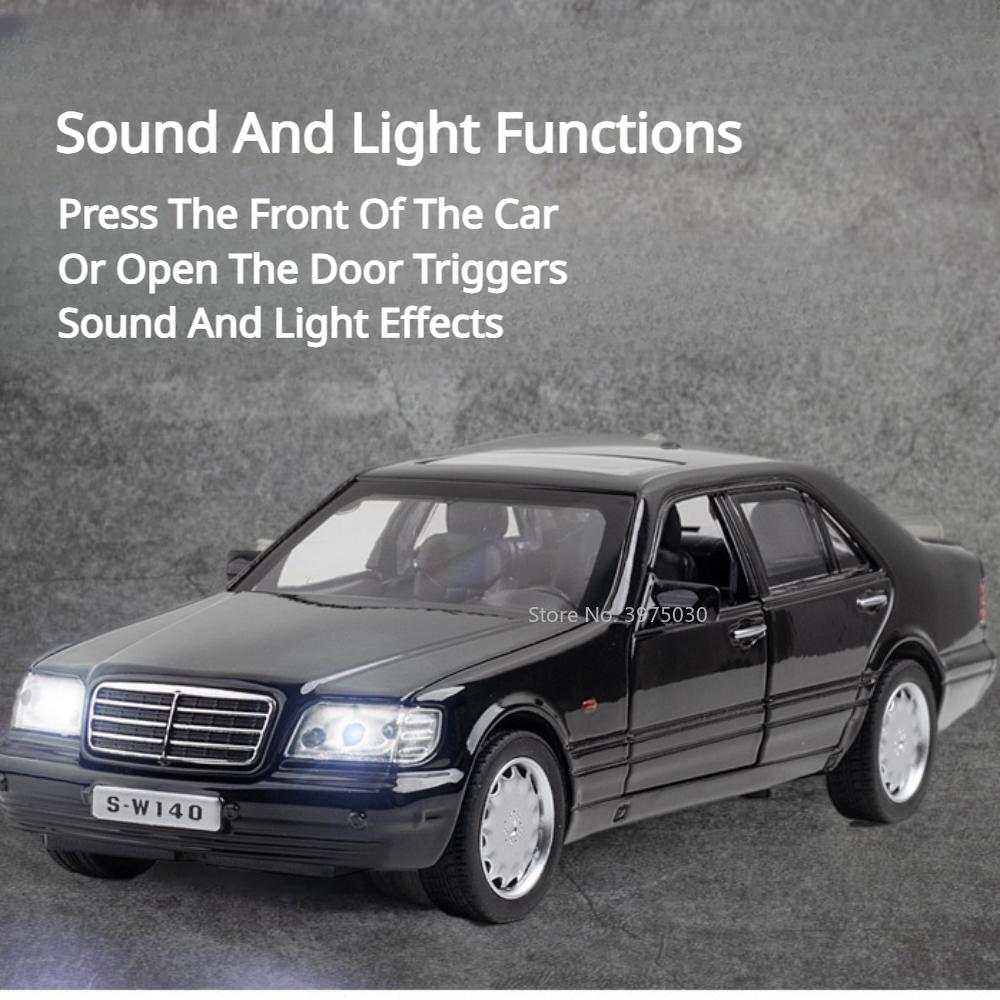 1/32 Classic Benz S-W140 Alloy Diecast Car Model Toys Metal Body Rubber Tires Vehicles with Sound Light Doors Openable for Gifts Boy