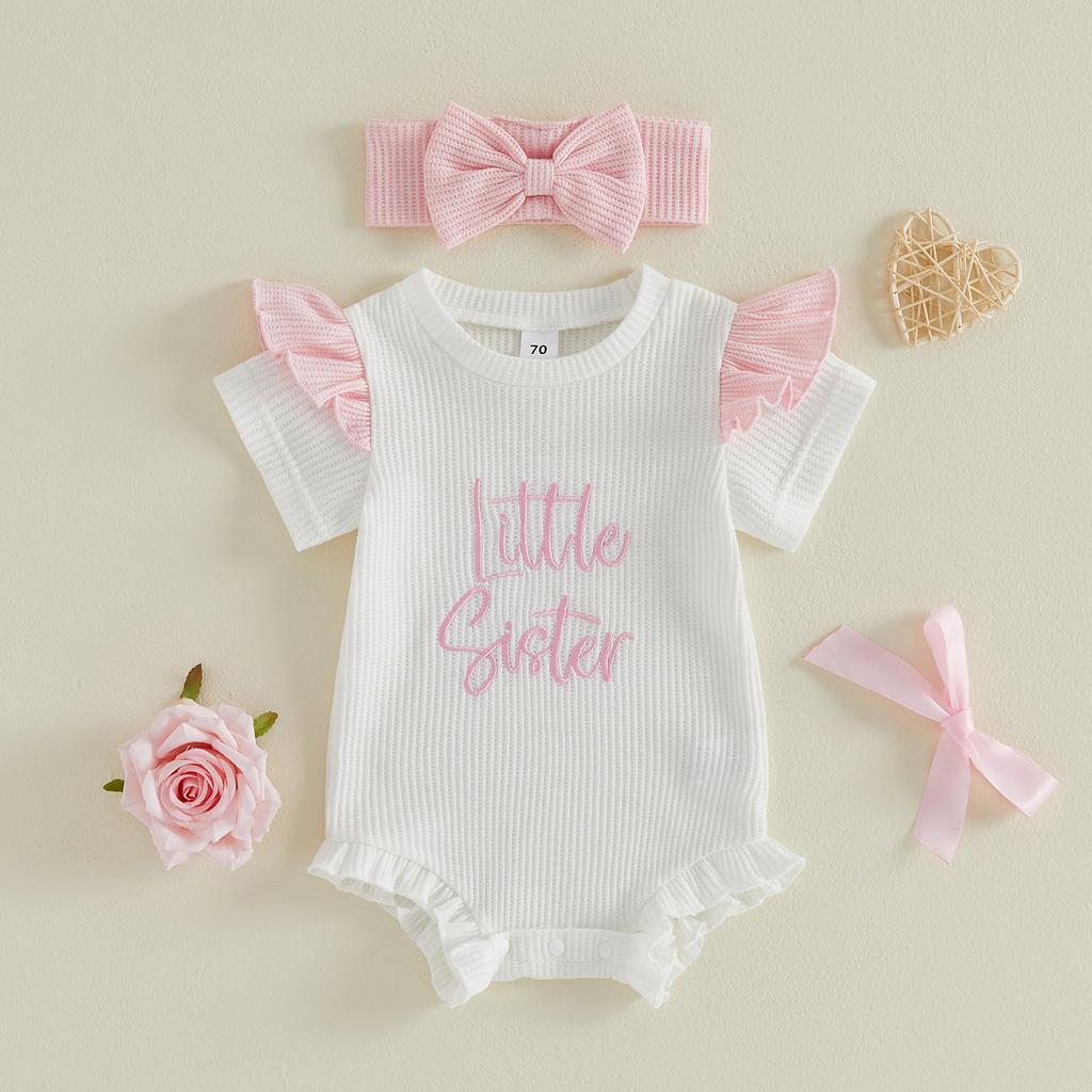 Citgeett Summer Infant Baby Girl Waffle Outfit Letter Embroidered Ruffle Trim Short Sleeve Bodysuit Bow Headband Set Clothes