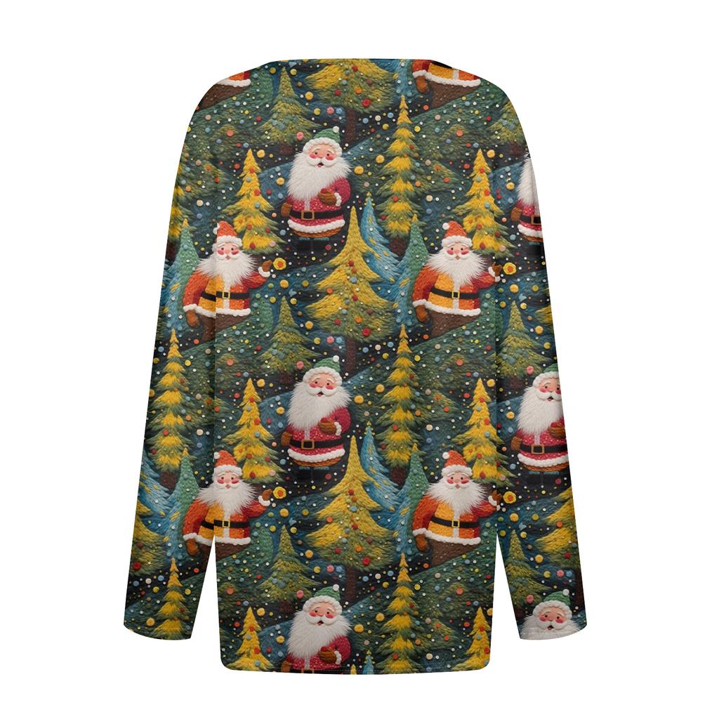 Женская модная повседневная футболка с V-образным вырезом, на пуговицах, с длинным рукавом, с рождественским принтом