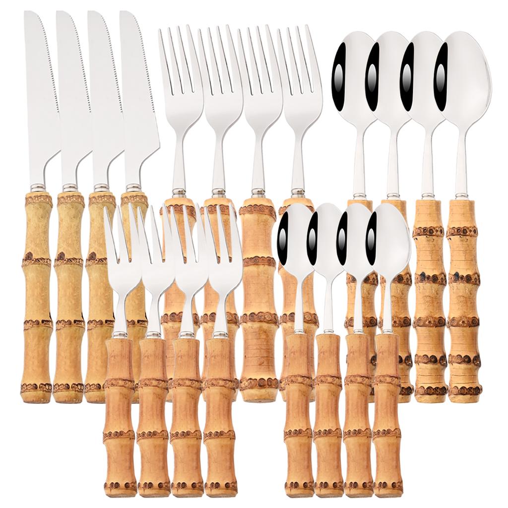 20Pcs Gold Stainless Steel Cutlery Set Wood Bamboo Root Handle Dinnerware Knife Tea Spoon Cake Fork Tableware Kitchen Silverware
