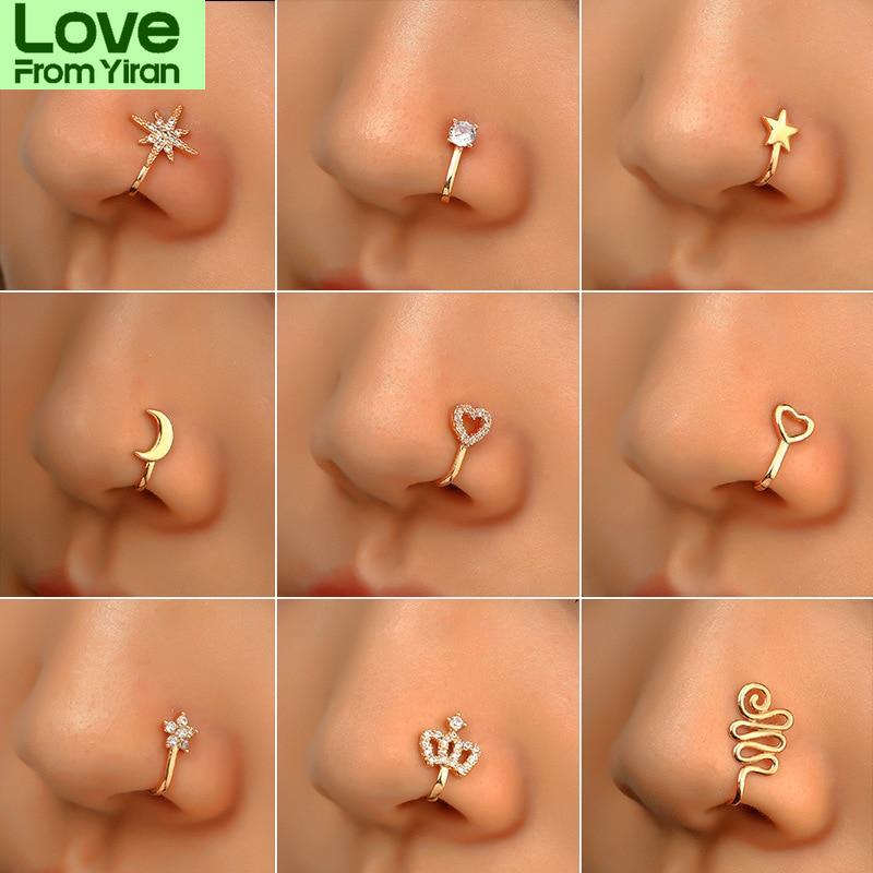 1 шт. Медный Фейковый Пирсинг Кольца в Нос Сердце Звезда Женские Клипсы на Нос Ухо Манжеты Серьги Девочка Подарок Раздача Идея Украшения для Тела NarizМодные Кольца