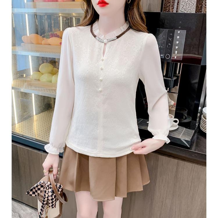 Chic Autumn Blouse Graceful Lace Chiffon Shirt, Stylish and Elegant Long Sleeve Top To Add French Style Charm