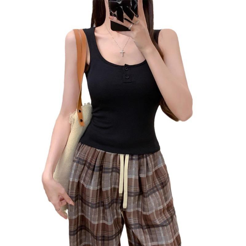 Дизайнерский смысл пуговицах топ для женщин с пряжей из хлопчатобумажной нити хлопок грунт трикотаж однотонный